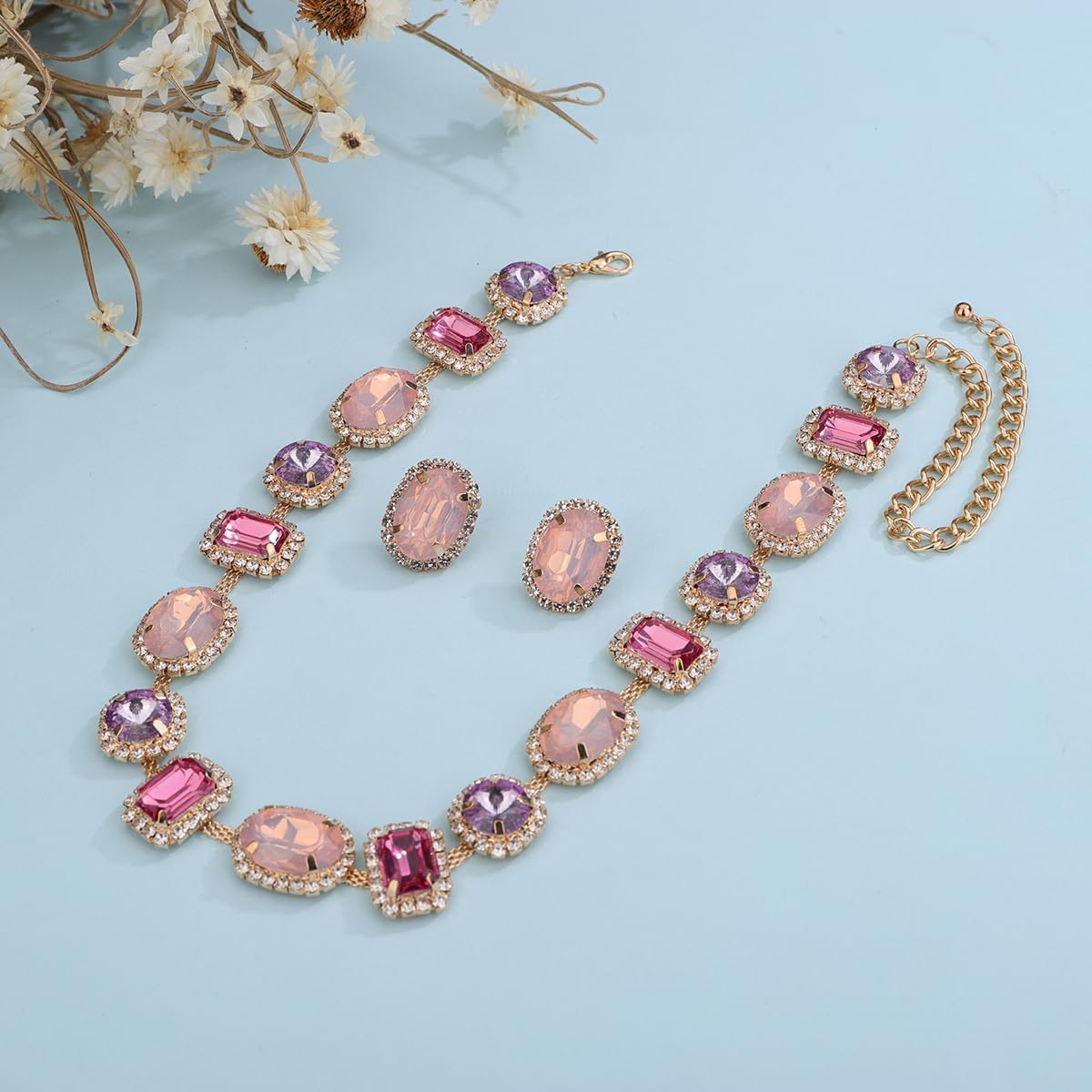 Xerling Multi-colored Geometric Gemstone Crystal Statement Choker Necklace for Women Bridal Wedding Collar Necklace Chains with Stud Earrings - Image 5