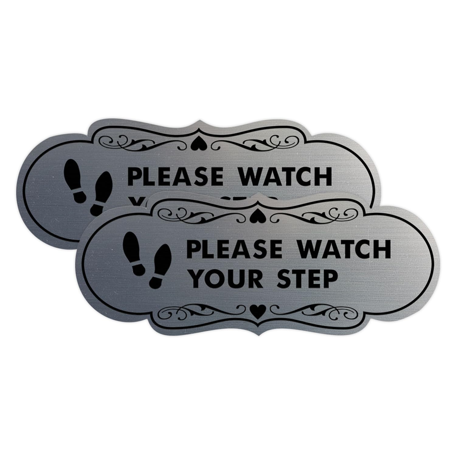 Designer Please Watch Your Step (Footprints) Sign (Brushed Silver) - Small (2 Pack)