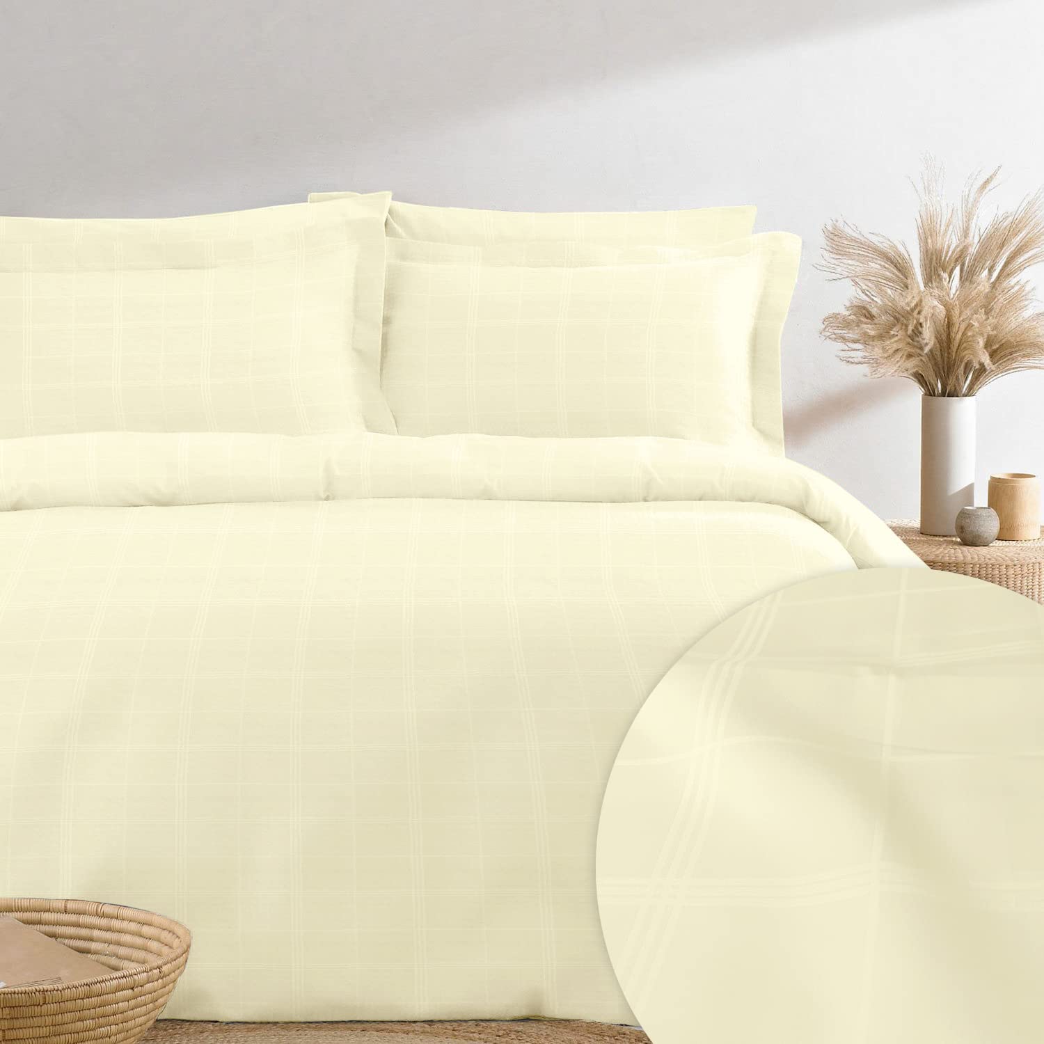 Pizuna 300TC Damask Check King Size Duvet Cover Set Cream, 100% Long Staple Cotton Checke Cream Bedding Set Lightweight Sateen Weave Duvet Cover Set with 4 Corner ties and Hidden Button Closure