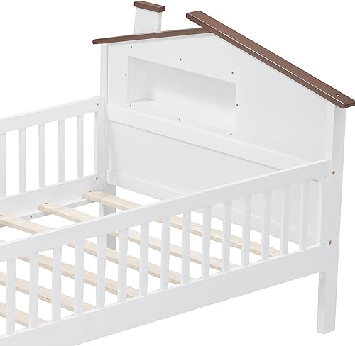 Miniatura 60 de Moderna plataforma de tamaño matrimonial con cabecera de almacenamiento y barandilla de seguridad para niños, plataforma de madera funcional con luz
