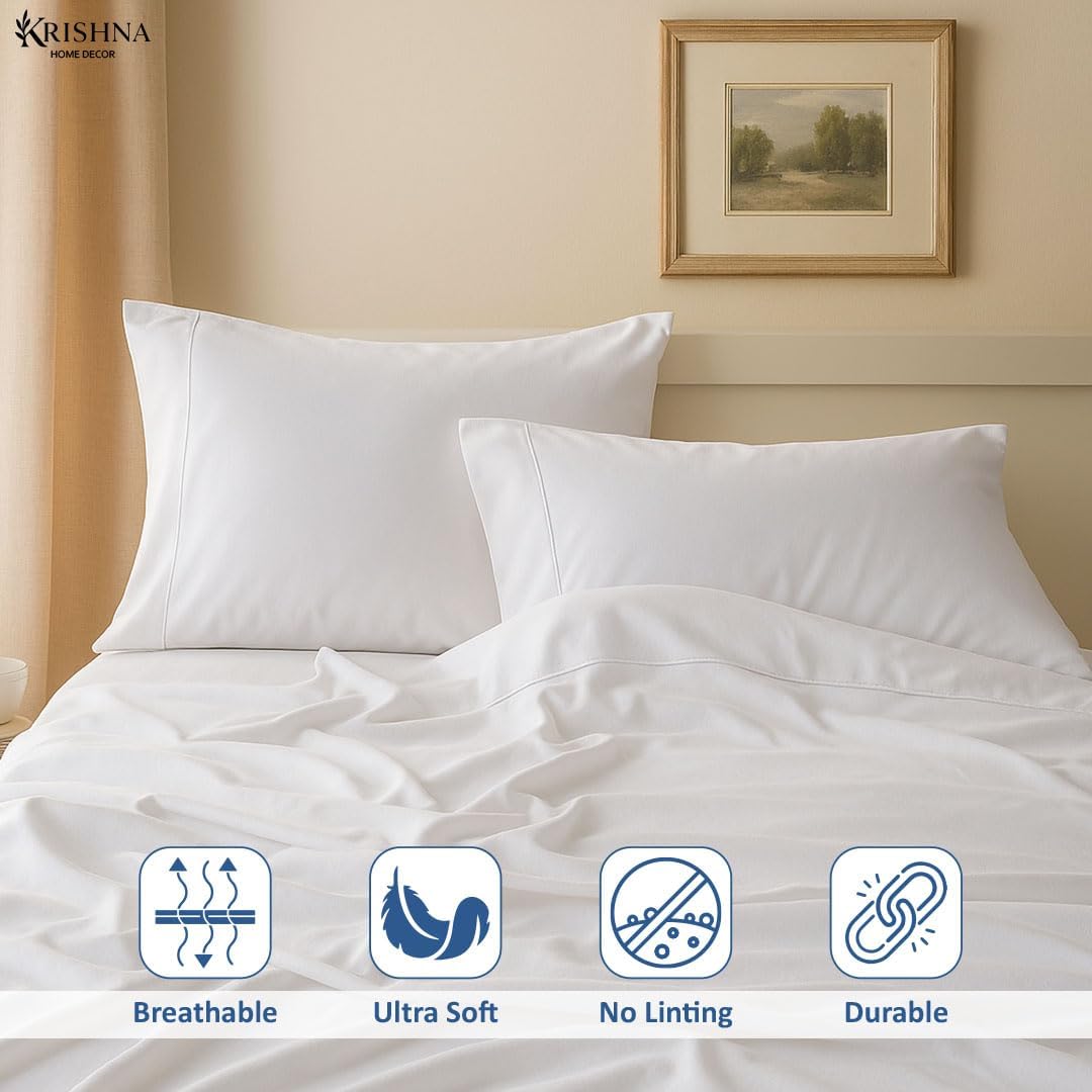 KRISHNA Premium 4 Piece Egyptian Cotton Queen Sheet Set, Soft, Breathable & Comfy Fully Elasticized Fitted 15" Deep Pocket Bed Sheets, 60" x 80", Pack of 2, White