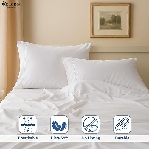 Miniatura 3 de KRISHNA Juego de sábanas de algodón egipcio de 4 piezas de alta calidad, suaves, transpirables y cómodas, totalmente elásticas, con bolsillo