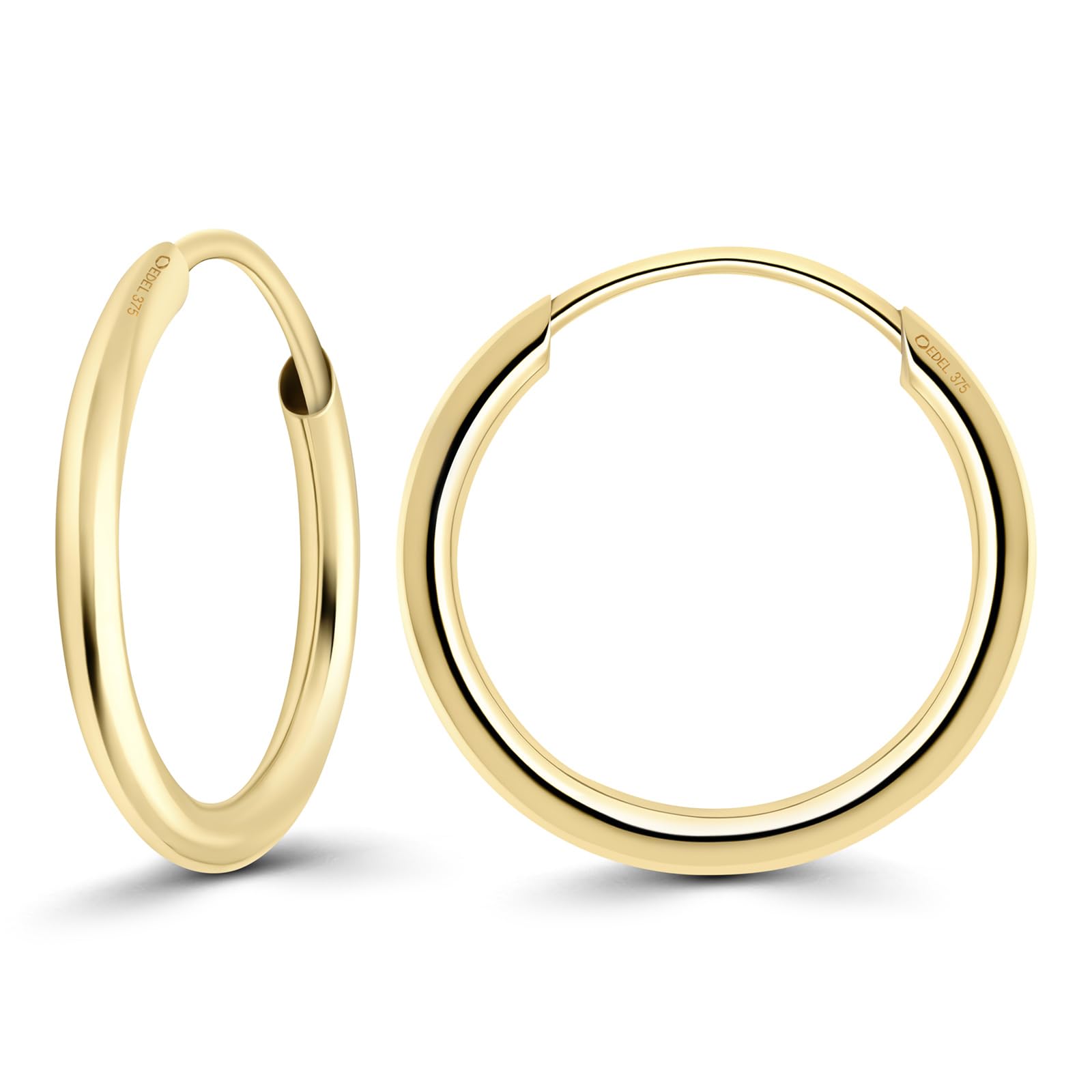 EDELIND Aritos de Oro pequeños Finos 15mm 8k 9k 14k 18k Oro Amarillo Ancho 1.3mm Pendientes de Aro Mujer Niña Hombre Aros de Oro con Caja de Regalo de joyería