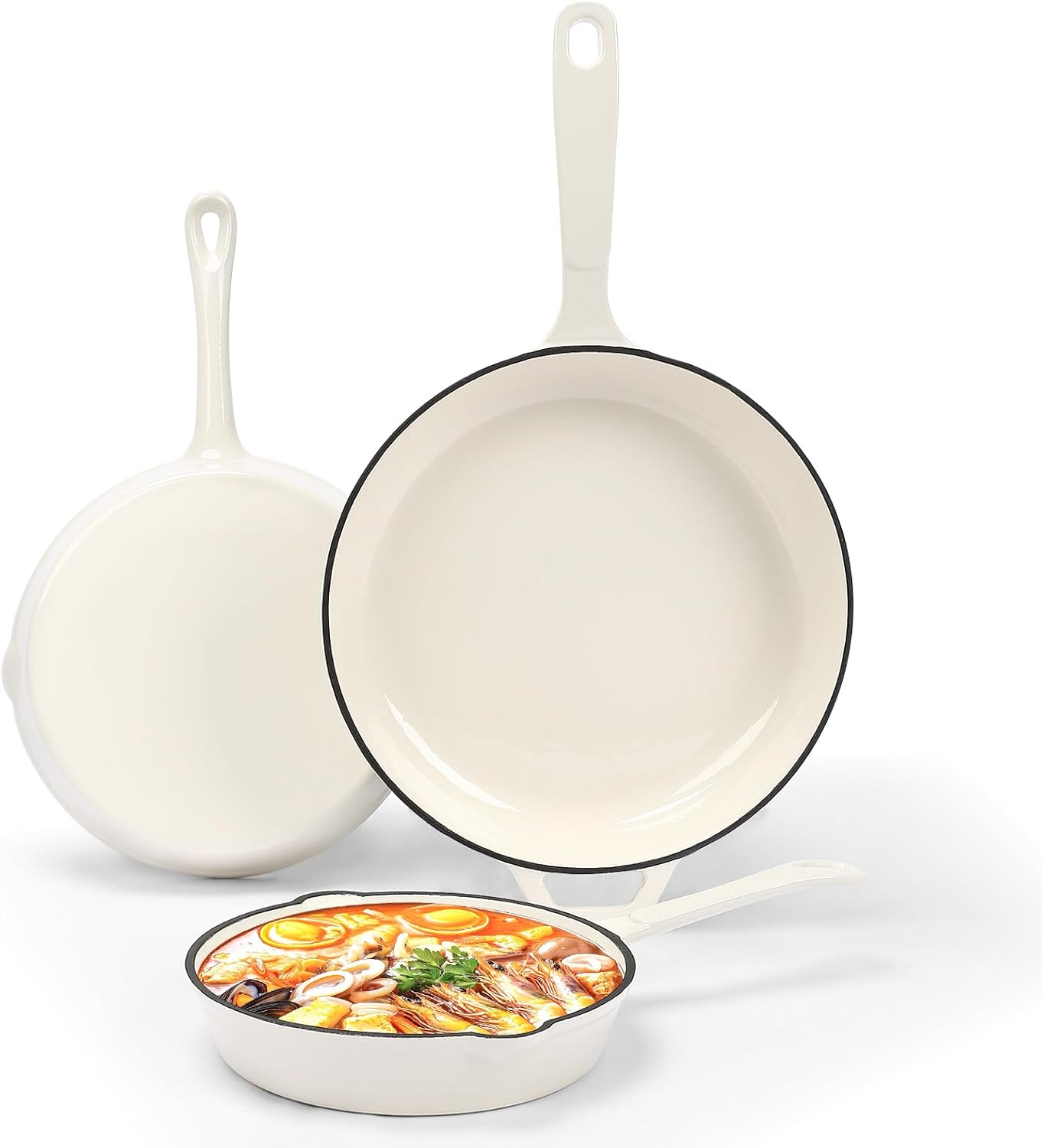 Product broker , Nonstick Enameled Cast Iron Cookware - 3 enameled cast iron skillet 8-Inch, 9.5\" Frying Pan & 11-Inch Large Cookware, Healthy Non Toxic Cooking Pan, PFOA PFAS PTFE Free, White Off-white