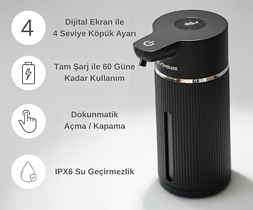 Otomatik Sensörlü Köpük Sıvı Sabunluk - Şarjlı- Dijital LED Ekran - Duvara Monte - E15 Model (Siyah)