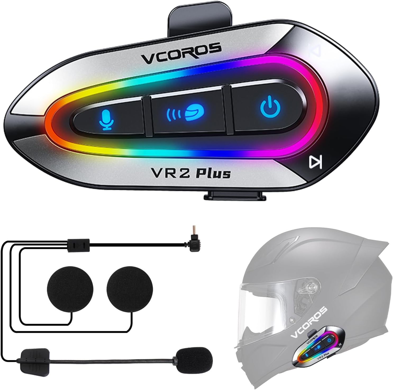 VCOROS Motorcycle Helmet Headset with RGB Lights, 2-Way 2 Riders Helmet Intercom, Music Sharing(N+), JL6.0 Dual Chip, Scene Mixing, IP56 Waterproof, Voice Assistant, 1 Pack (VR2 Plus Hard Microphone)