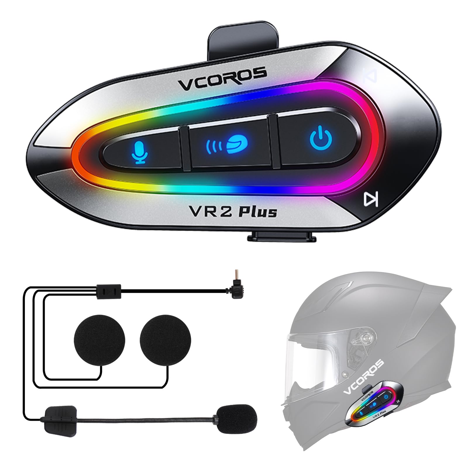 Photo 1 of VCOROS Motorcycle Helmet Headset with RGB Lights, 2-Way 2 Riders Helmet Intercom, Music Sharing(N+), JL6.0 Dual Chip, Scene Mixing, IP56 Waterproof, Voice Assistant, 1 Pack (VR2 Plus Hard Microphone)