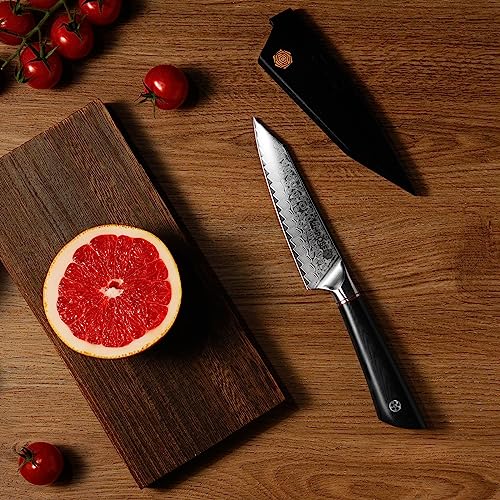 Kimrose Damascus Utility Knife - 5 Inch - 67 Layers 10Cr15Comov Alloy Steel - Black G10 Handle - Razor Sharp Kitchen Knife - Petty Knife, Paring - Wooden Magnetic Sheath - Luxury Gift Box #TOP5