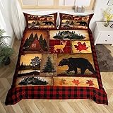 Bear Cabin Plaid Duvet Cover King, Rustic Farmhouse Comforter Cover, Retro Hunting Deer Bedding Set, Country Woodland Pine Tree Bed Cover, Maple Leaf Lodge Decor Quilt Cover, Red Black Brown
