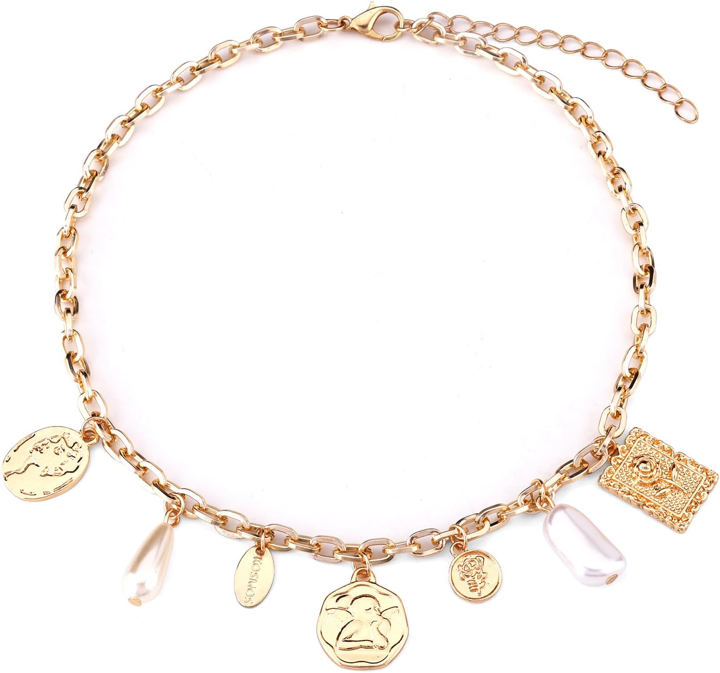 MikoviviCharm Necklace for Women, Exquisite Gold Charm Necklace Alloy Chunky Charm Necklace Badge Pearl Vintage Necklace for Women Summer Beach Party Jewelry Gift
