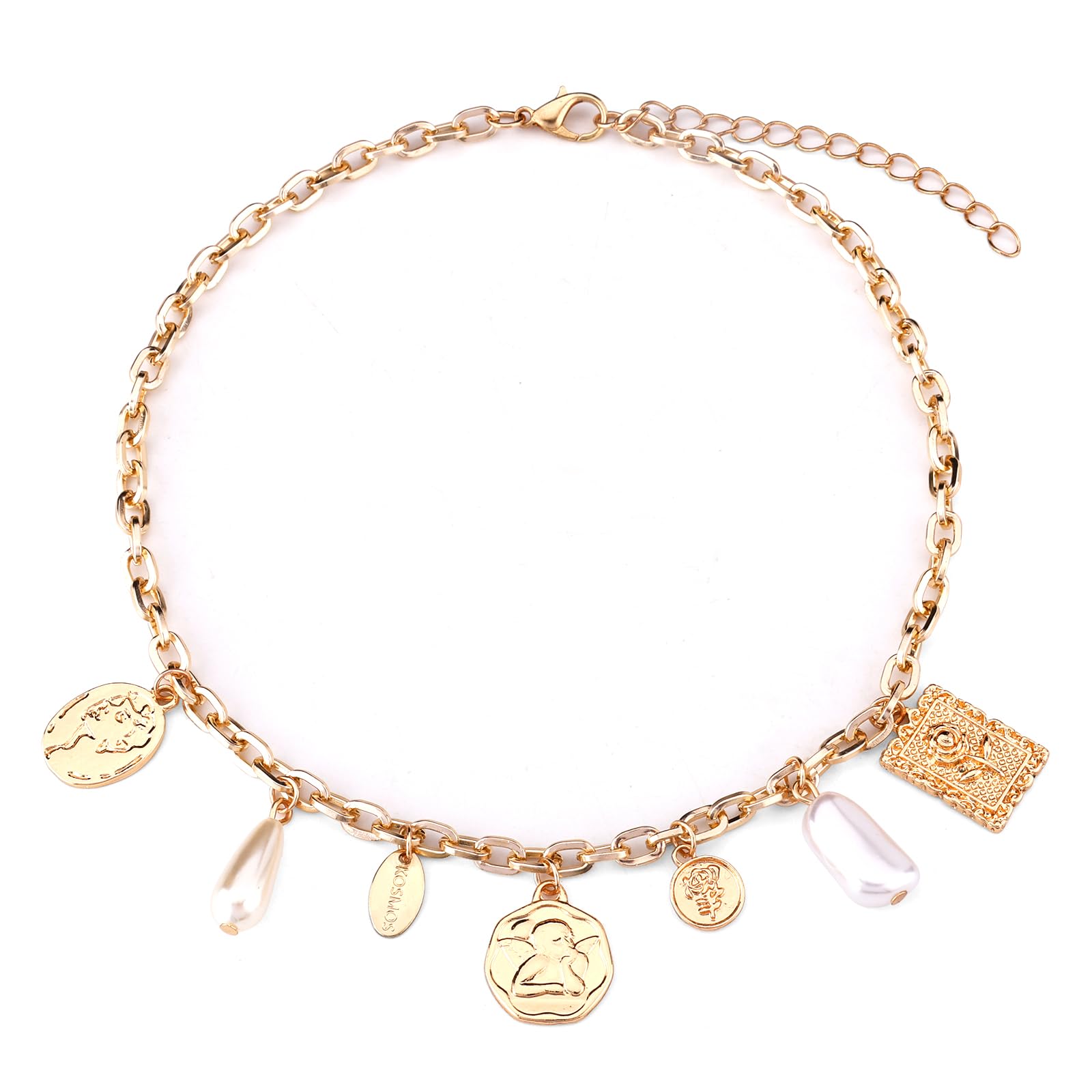 MikoviviCharm Necklace for Women, Exquisite Gold Charm Necklace Alloy Chunky Charm Necklace Badge Pearl Vintage Necklace for Women Summer Beach Party Jewelry Gift