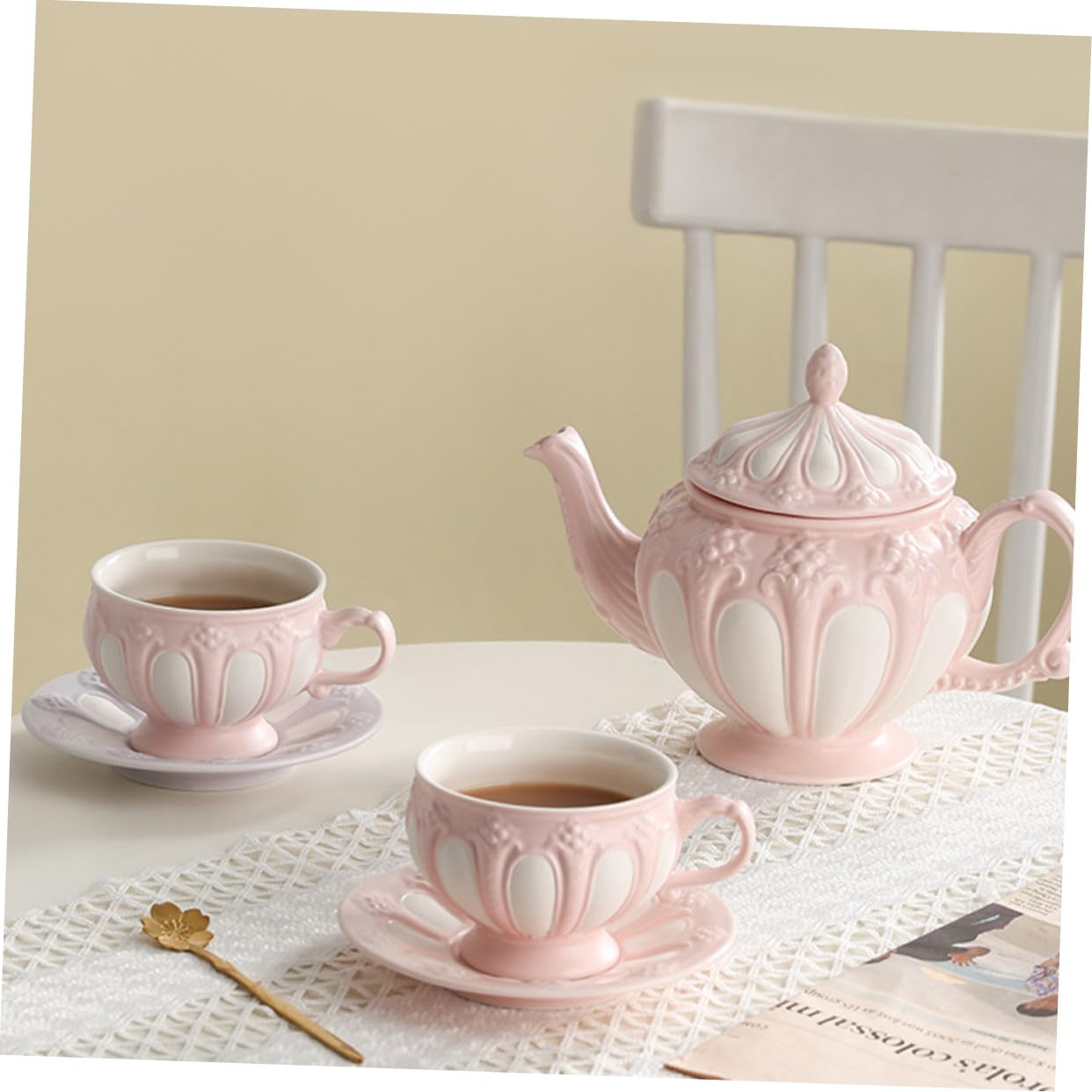 Juego de Tazas de Café Mango Ergonómico de Cerámica Diseño Europeo en Relieve y Color Rosa, Adecuado Hogar o Cafetería