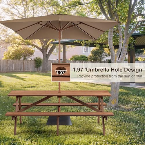 RocVanc Wood Outdoor Picnic Table Picnic Tables with Benches and Umbrella Hole, Classic Picnic Table Bench Set for 6 or 8 Person for Backyard, Porch, Patio, and Deck