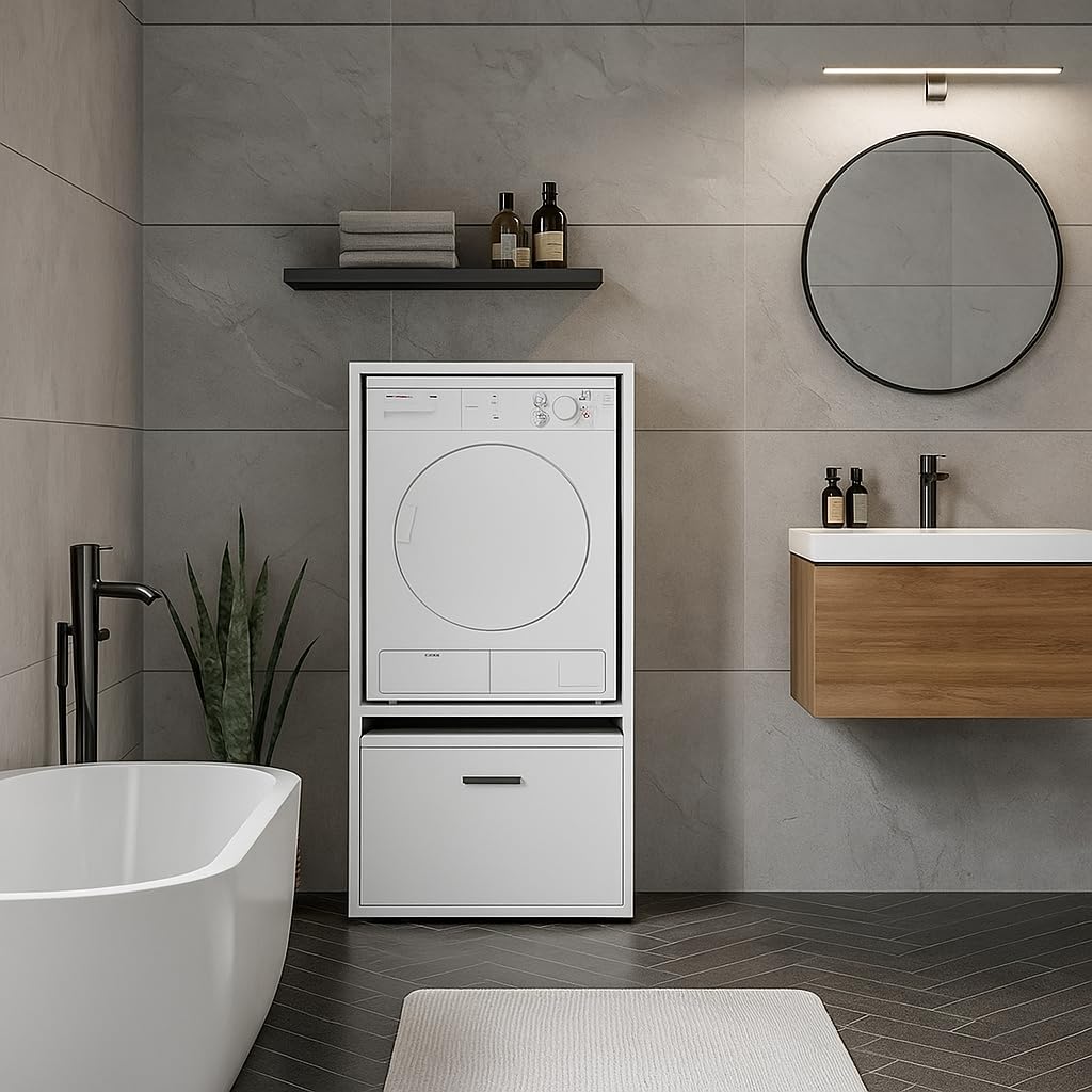 Bricozone Mobile Lavatrice Con Cassetto Integrato In Laminato Bianco 25 Mm Con Mensola Scorrevole Design Moderno Per Lavanderia O Bagno Salvaspazio Robusto E Facile Da Montare