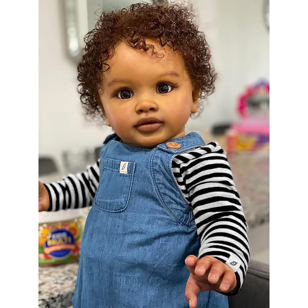 Anano Muñeca Reborn Grande Niña Pippa Negra 70cm - Muñecas Afroamericanas Biraciales Realistas Hechas a Mano - Pelo Rizado - como un Bebé Real para Niños +3 Años