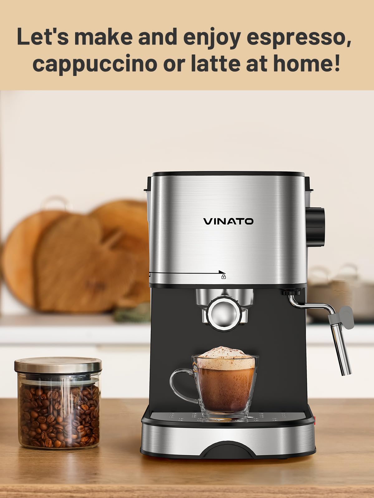 VINATO Macchina Espresso 15 Bar | Montalatte Professionale Integrato | Compatta 17 cm per Cucine Piccole | Doppia Tazza & Riscaldamento Rapido | Cappuccino, Latte, Macchiato - Include 2 Filtri