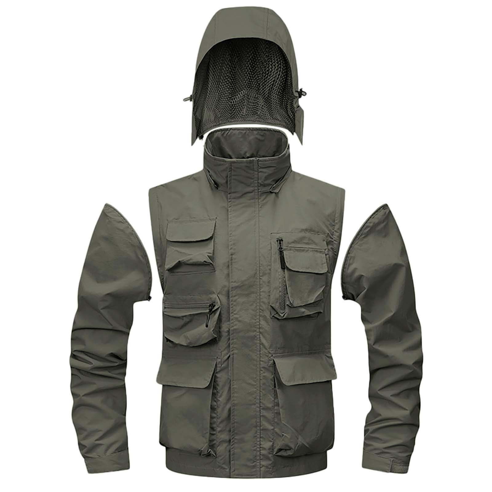 Veste d'extérieur légère pour homme - Veste de pêche - Veste de pluie 2 en 1 - Capuche amovible et veste fonctionnelle à manches longues - Plusieurs poches - Veste tactique respirante