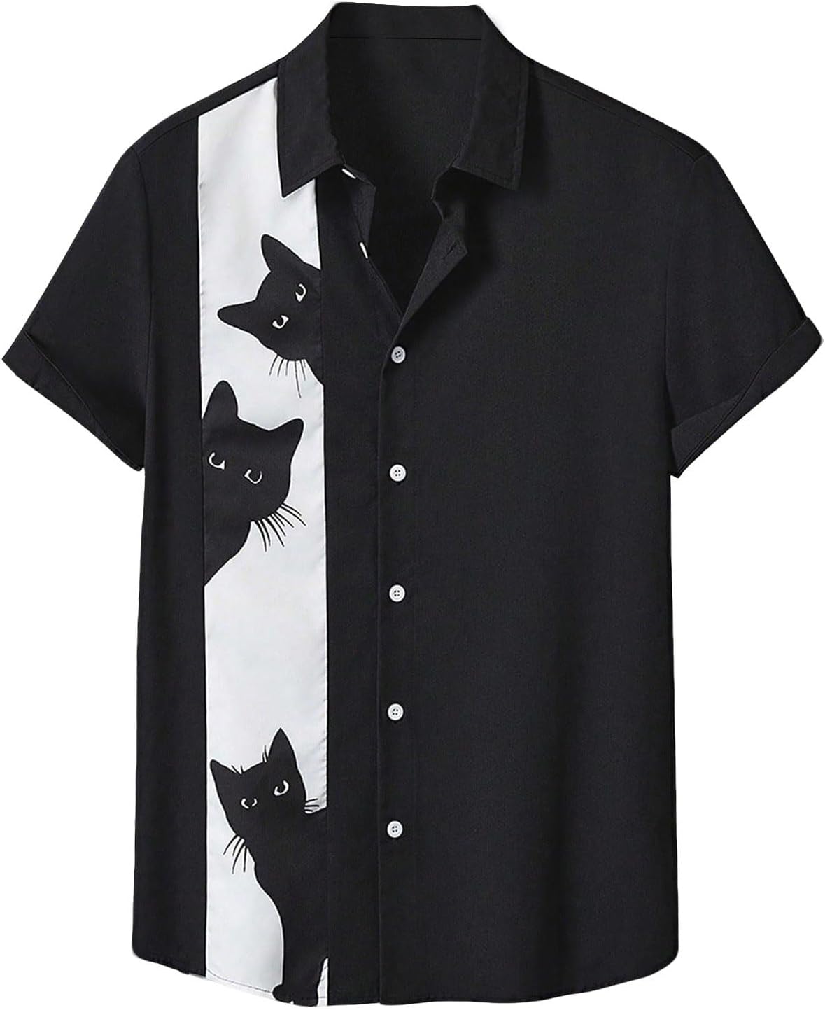 Verdusa Men’s Color Block Button Down Shirts Cat Printed Short Sleeve Collared Shirt Top