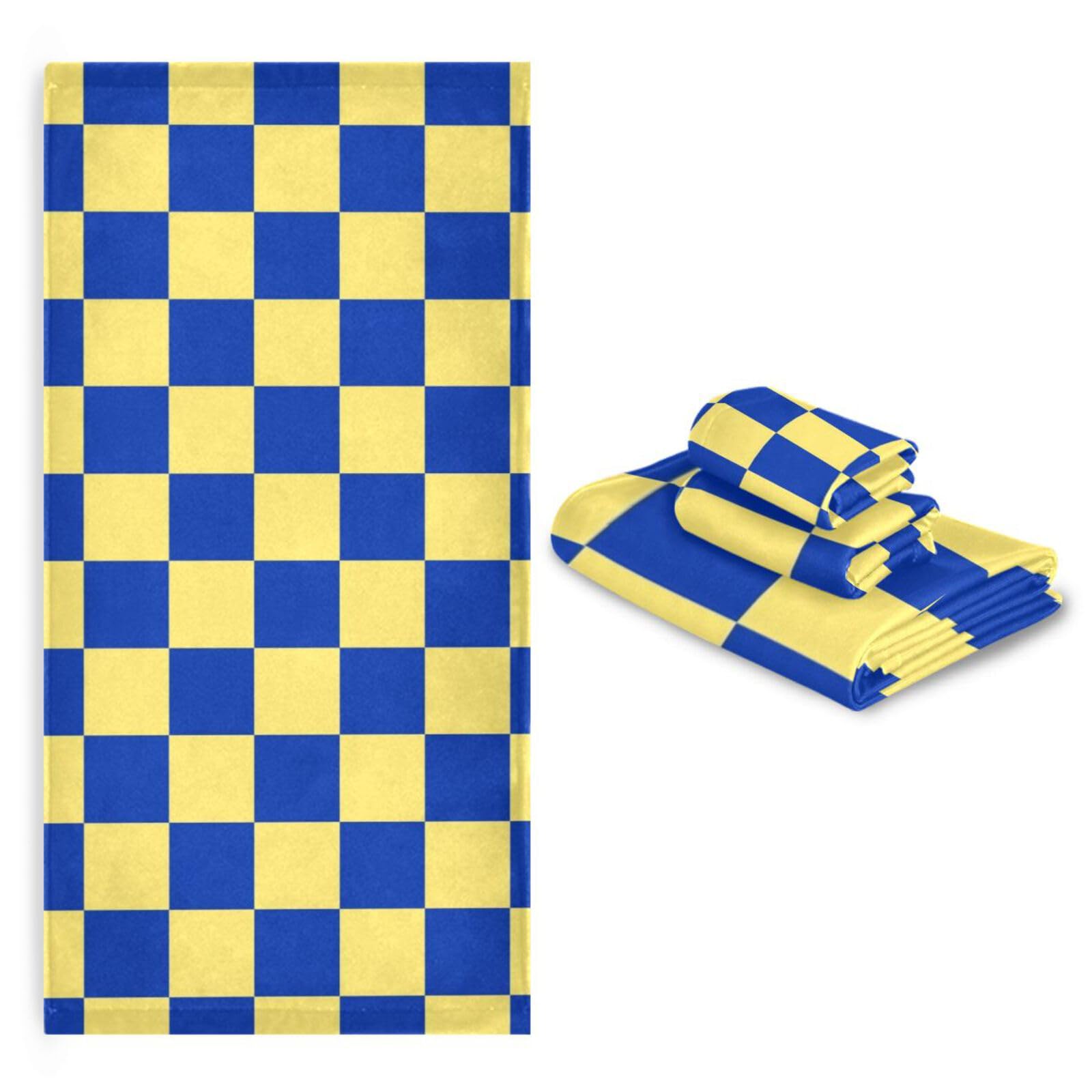 Set di 3 asciugamani per il viso in microfibra a quadri gialli e blu, 1 asciugamano da bagno, 1 asciugamano per le mani, 1 panno per la casa, cucina e famiglia