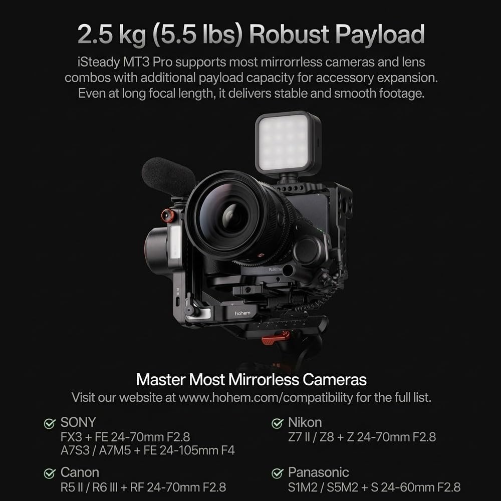 hohem iSteady MT3 Pro Camera Gimbal Stabilizer for Camera Canon/Sony/Nikon/Fujifilm/Lumix/Action Camera/Smartphone, AI Tracking with Detachable Live Feed Remote, 2.5kg Payload,4-in-1 Compatibility