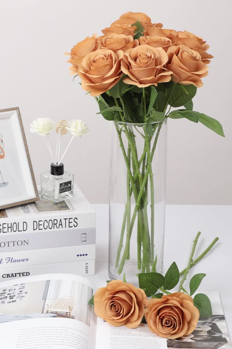 12pcs Roses Artificial Flowers Terracotta Fake Roses Flowers with Long Stems Silk Flowers for Wedding Bouquet Centerpices Decorations Party Bridal Baby Shower Home Decor - Image 6