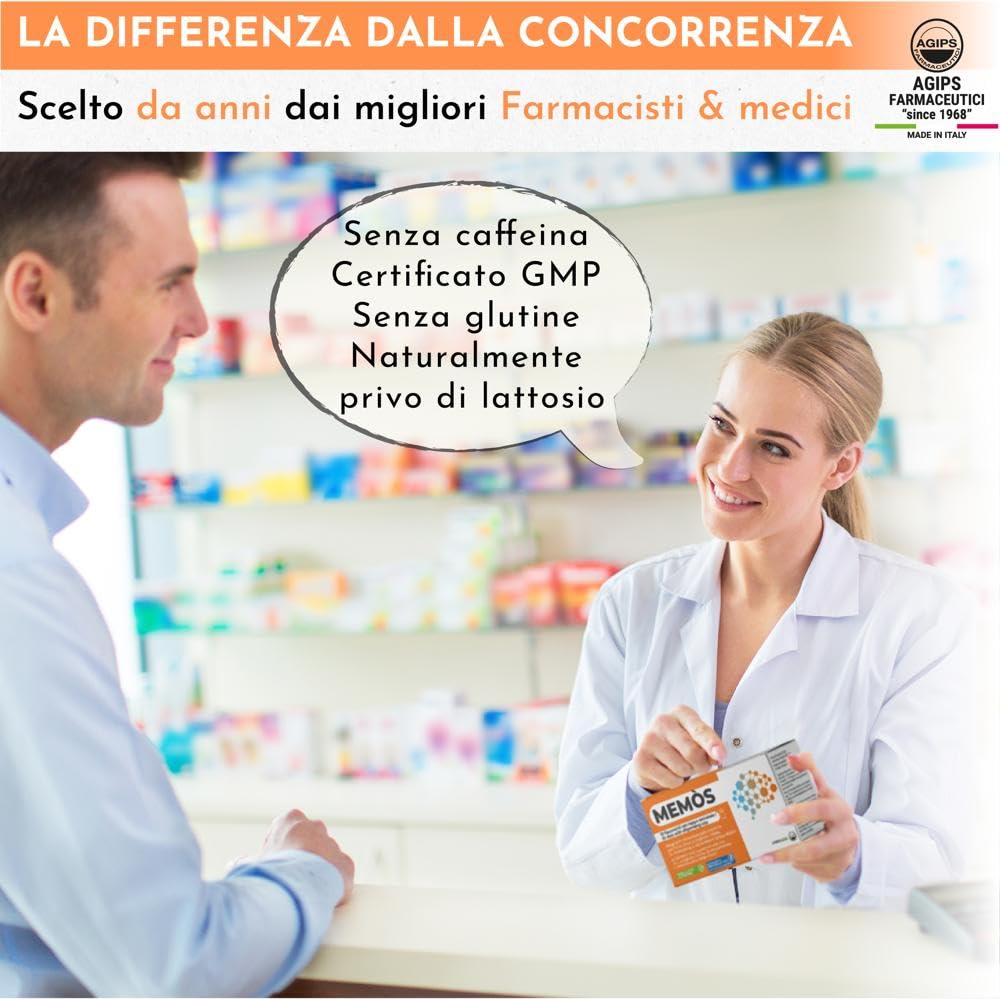 Agips Memos Integratore Memoria concentrazione e Stanchezza Mentale. Ideale per Studiare Contro lo Stress Ricostituente Ginko Biloba Vitamina B. 10 flaconi