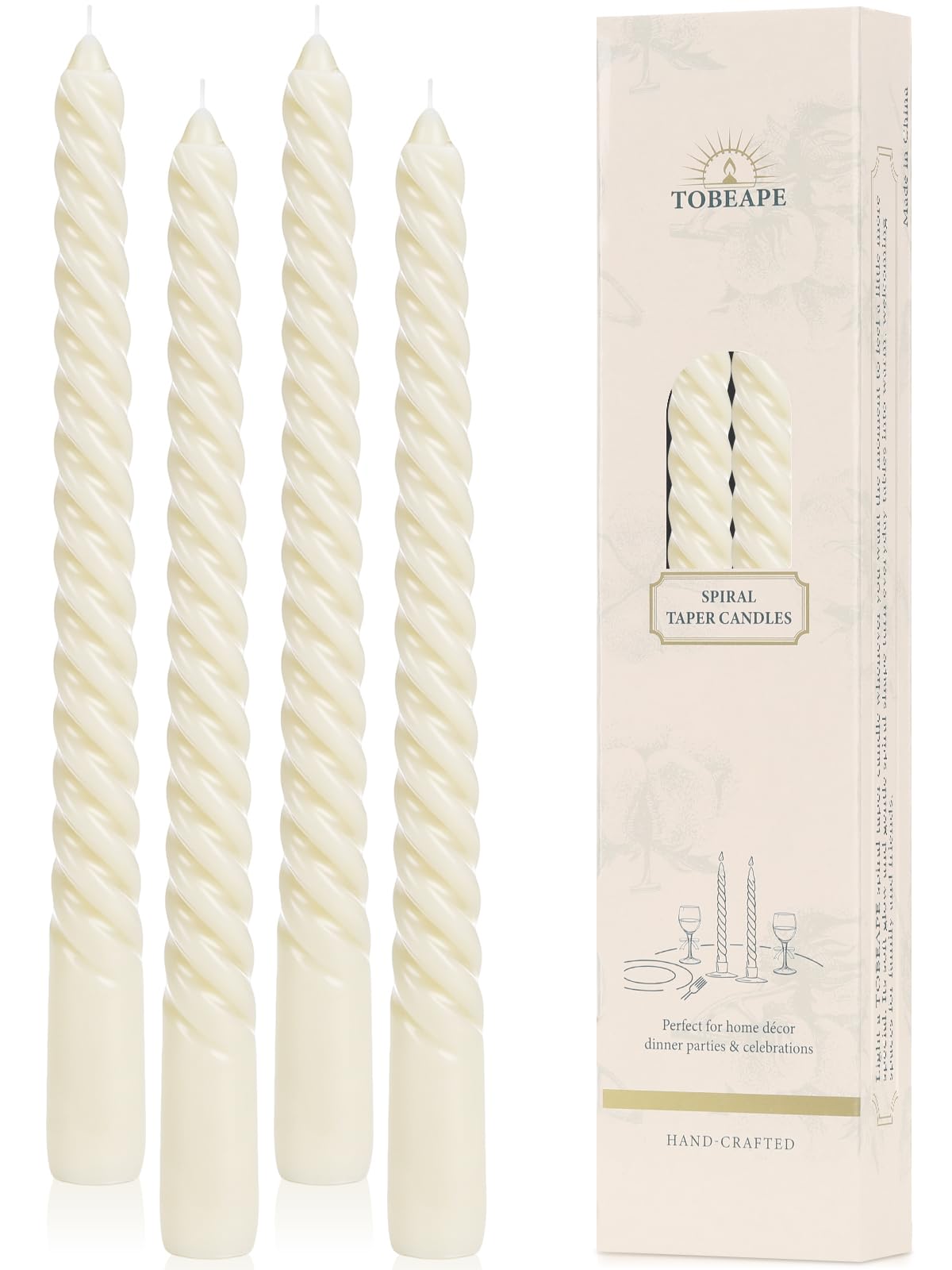 Tobeape Ivory Tapered Dinner Candles 4 Pack, 10 Inch Tall Twisted Decorative Table Candles, Unscented Household Wax Candles Long Burning with 8 Hour Burn Time for Home Decor Party Celebration Dining
