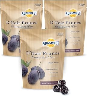 Sunsweet D'Noir Preservative Free Prunes - Prunes Pitted Unsweetened & Dried - Gluten Free, Vegan, Low Fat - Fiber & Minerals - 8 oz Pouch x 3 Pack