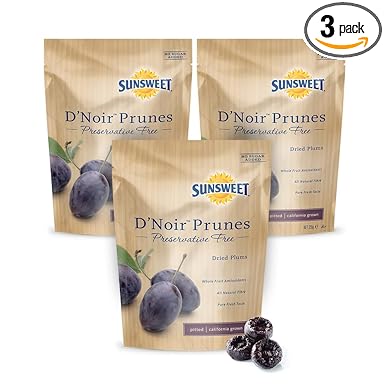 Sunsweet D'Noir Preservative Free Prunes - Prunes Pitted Unsweetened & Dried - Gluten Free, Vegan, Low Fat - Fiber & Minerals - 8 oz Pouch x 3 Pack