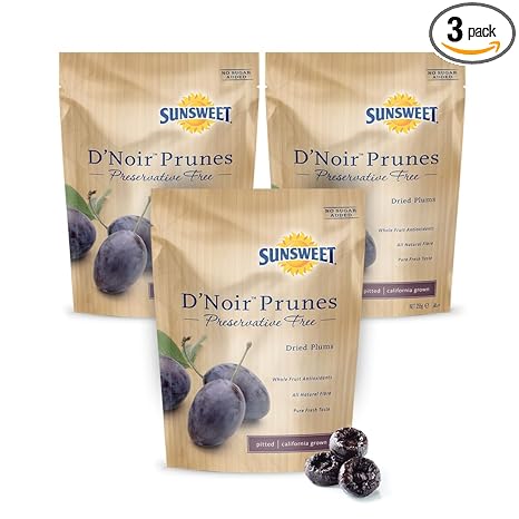Sunsweet D'Noir Preservative Free Prunes - Prunes Pitted Unsweetened & Dried - Gluten Free, Vegan, Low Fat - Fiber & Minerals - 8 oz Pouch x 3 Pack
