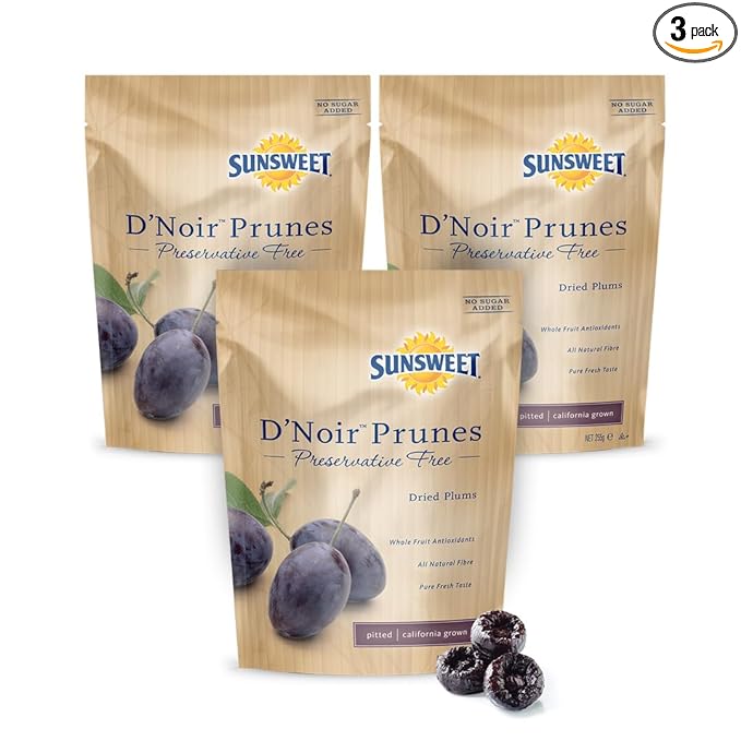 Sunsweet D'Noir Preservative Free Prunes - Prunes Pitted Unsweetened & Dried - Gluten Free, Vegan, Low Fat - Fiber & Minerals - 8 oz Pouch x 3 Pack