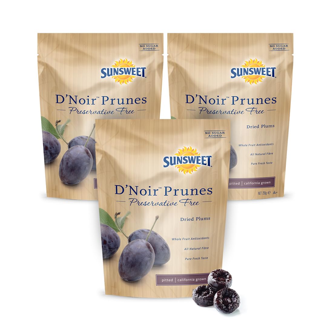 Sunsweet D'Noir Preservative Free Prunes - Prunes Pitted Unsweetened & Dried - Gluten Free, Vegan, Low Fat - Fiber & Minerals - 8 oz Pouch x 3 Pack