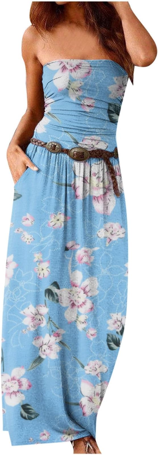CeboyelSun Dresses for Women 2023 Strapless Maxi Dress Floral Boho Sundresses Bohemian Beach Party Long Summer Dress