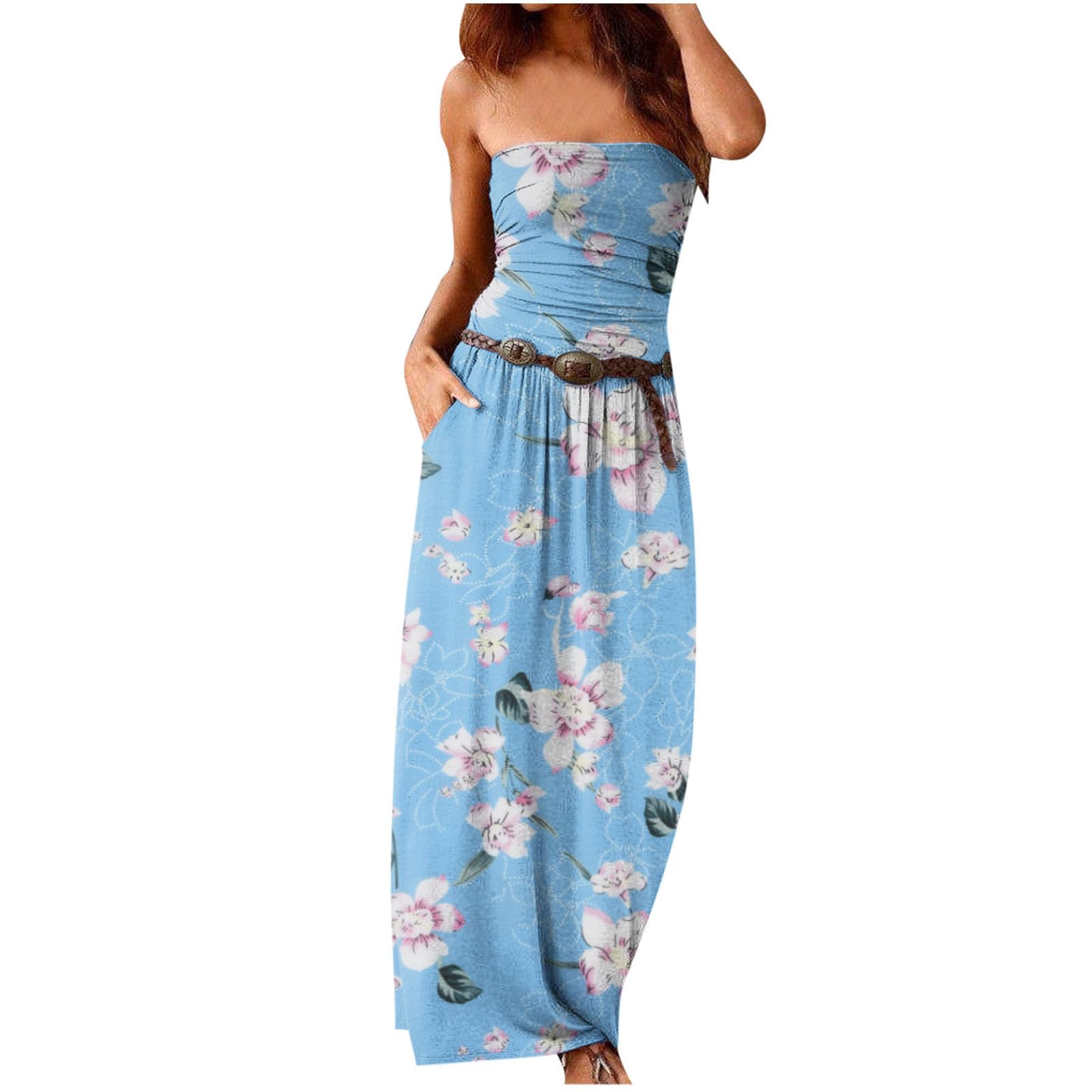 CeboyelSun Dresses for Women 2023 Strapless Maxi Dress Floral Boho Sundresses Bohemian Beach Party Long Summer Dress