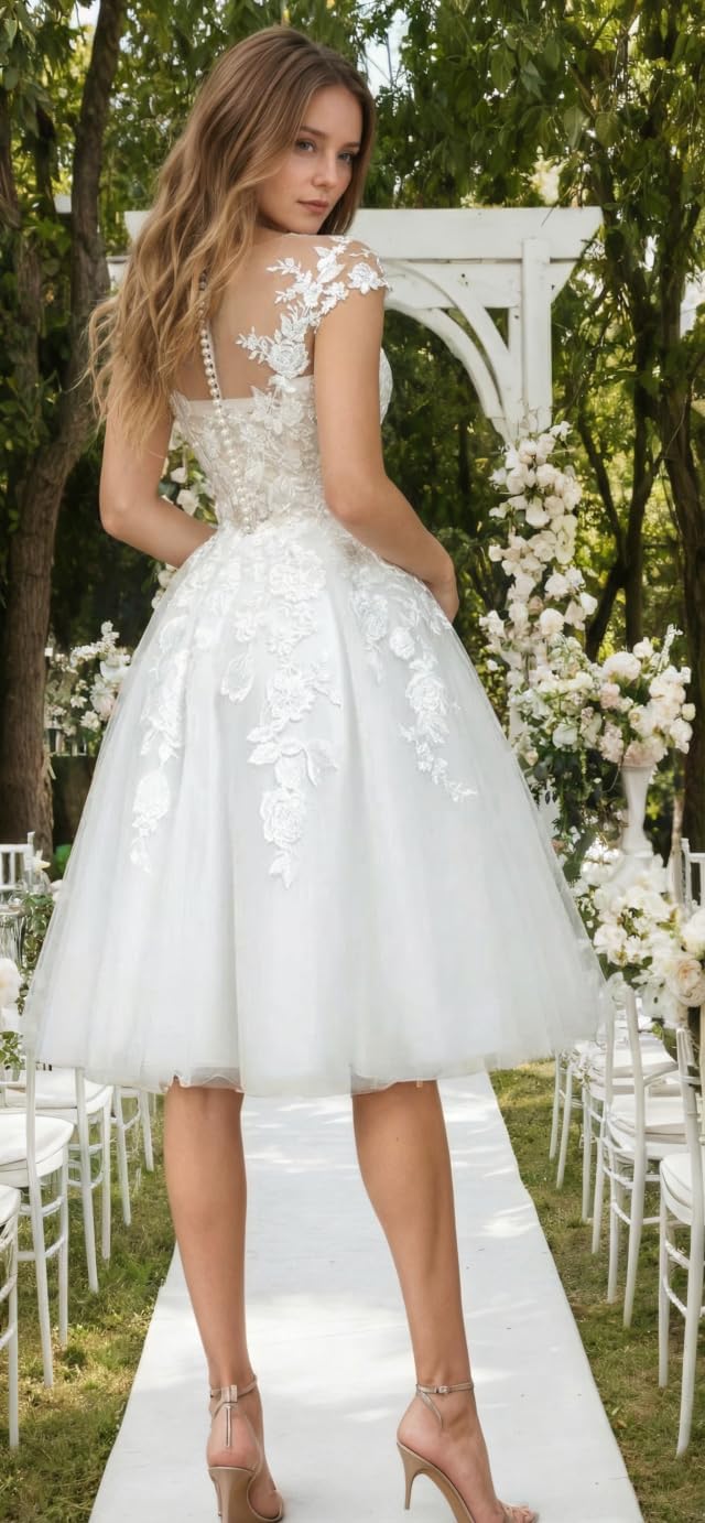 Lace Short Wedding Dresses for Bride Tulle A Line Tea Length Bridal Gown with Cap Sleeves WT008