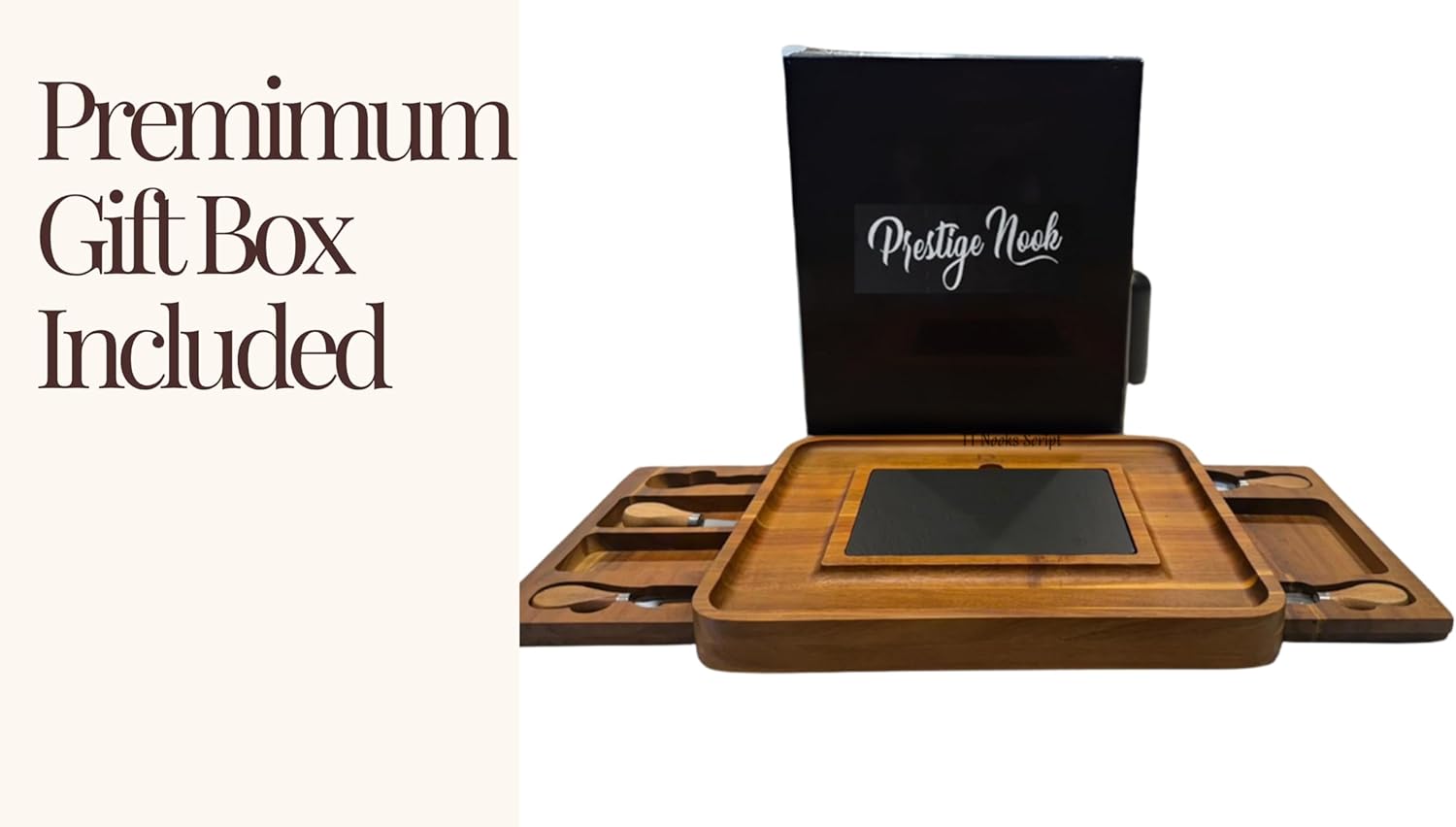PRESTIGE NOOK- Large Acacia Wood Charcuterie Board- Slate Cheese Board for Wedding House Warming Gift, Wooden Gift for New Home with Knife Accessories Set, Food Tray Platter for Serving Snacks Meat - Image 5