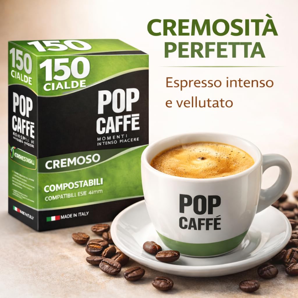 POP Caffè Cialde ESE 44 Compostabili – 150 Cialde Caffè Miscela Rossa Cremosa, Espresso Intenso, Compatibili con Macchine ESE 44mm
