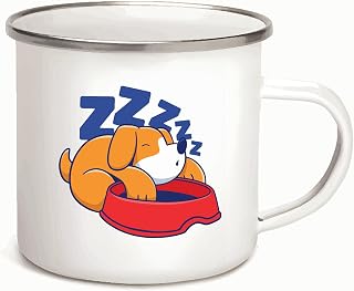 Gift for Pet Lovers Sleeping Dog with Paw Inside Bowl Present for Dog Owners 12oz Enamel Silver Mug