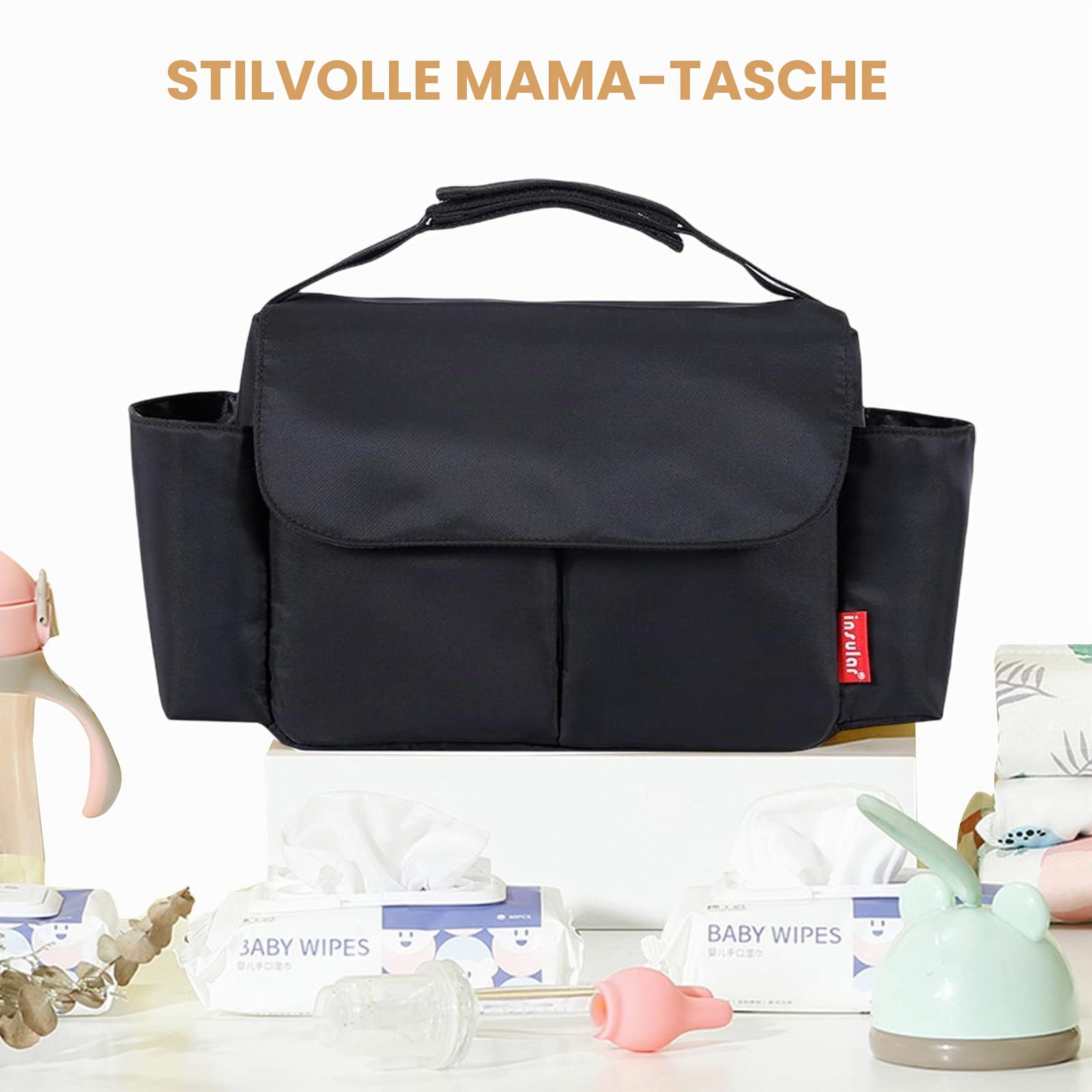 SONARIN Wasserdichter Kinderwagentasche Organizer,Große Kapazität Buggy Organizer Tasche Universal Multifunktional Kinderwagen Organizer Aufbewahrungstasche mit Getränkehalter(Schwarz)