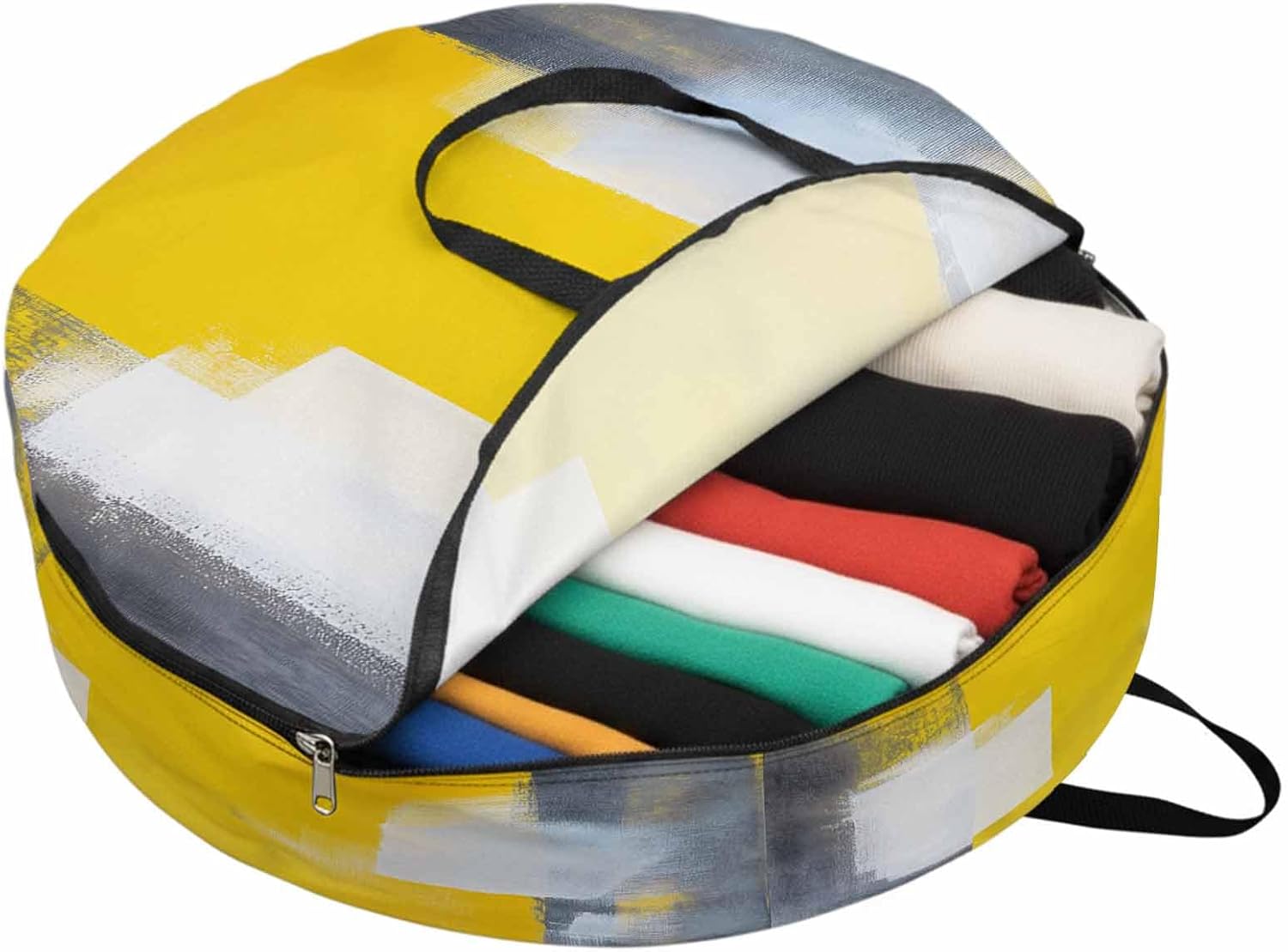 Gray Yellow White Geometric Round Storage Bag 36 Inch, Gradient Abstract Mottled Paint Texture Clothes Storage Container with Handles Heavy Duty Organizer for Comforter, Bedding & Holiday Wreaths