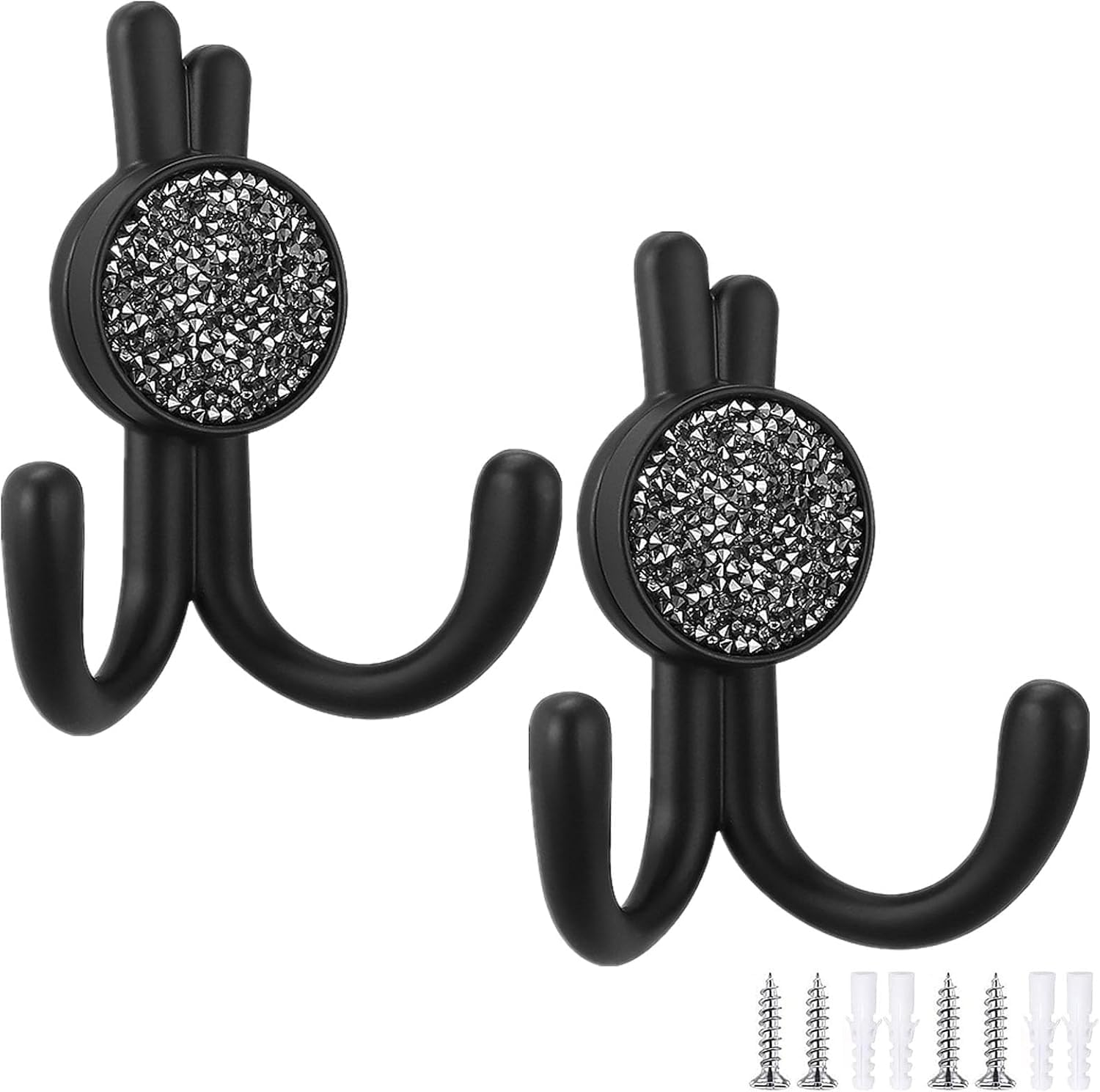 Wall Hanging Hooks， Coat Hooks,Door Hook, Hat 2 Pack Metal Double Bunny with Shiny Diamonds Wall-Mounted Decorative Hanger for Hanging Clothes Jackets Hats(Gray+Black Diamond)
