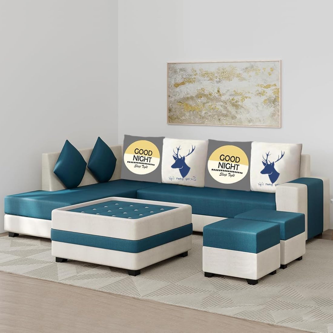 FURNY Stylerry 8 Seater Fabric LHS Sectional L Shape Sofa Set with 1 Centre Table & 2 Puffy (Teal-Cream)-image-18