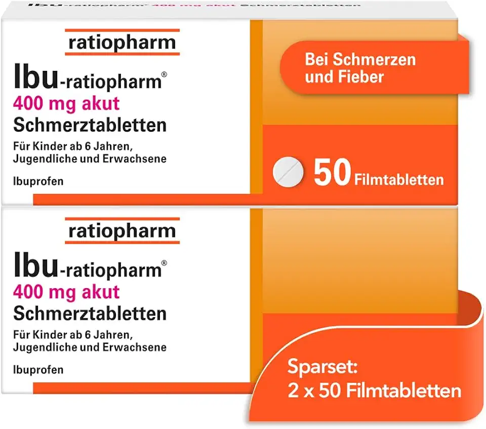 Ibu-ratiopharm® 400 mg akut Schmerztabletten im Sparset 2 x 50 Filmtabletten: Bewährt bei Schmerzen und Fieber. Wirkstoff: Ibuprofen