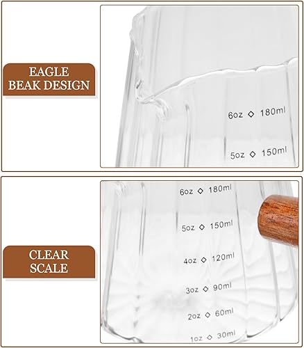 Miniatura 5 de Taza medidora de vaso de chupito de café expreso, jarra triple de 6 onzas, taza de leche con mango de madera, lado de vidrio, para tetera de té,