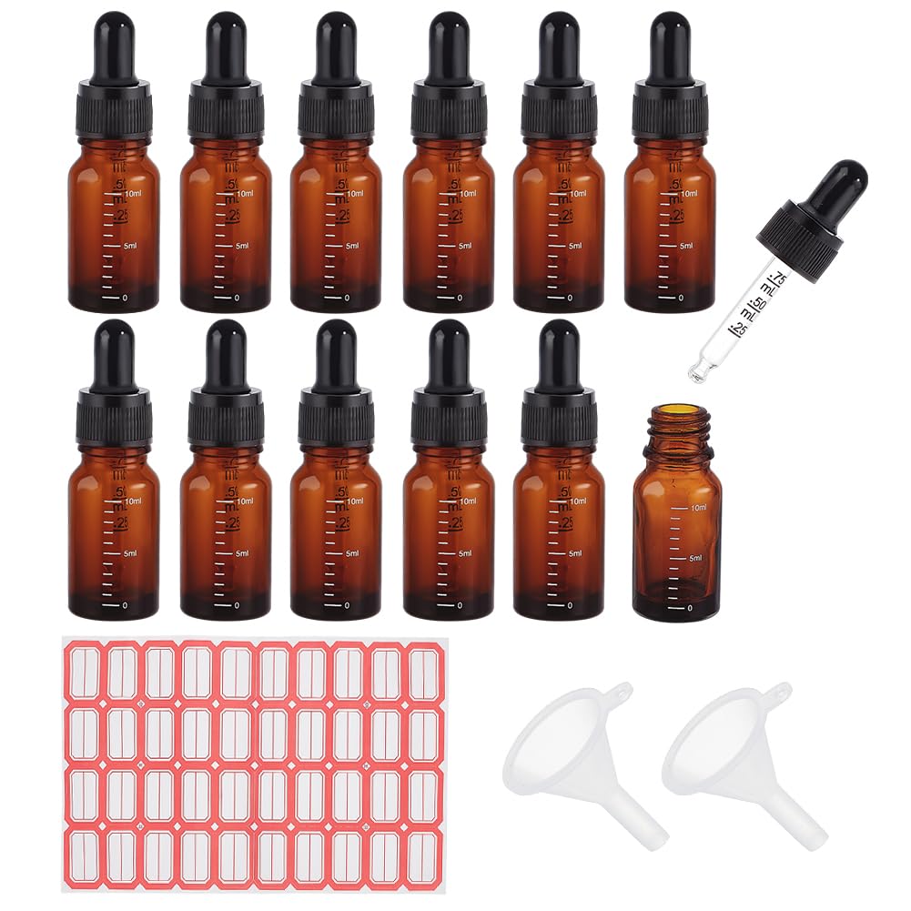 PH PandaHall 10ml Glass Dropper Bottle 12pcs Glass Bottles with Droppers Brown Dropper Bottles with Labels and Funnel Glass Tincture Bottles with Graduated for Essential Oils Perfumes Aromatherapy
