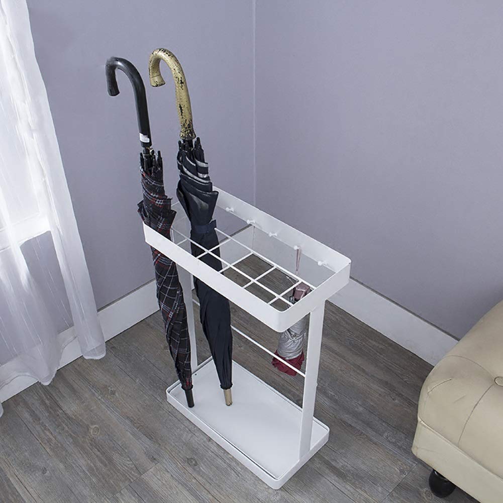 Porte-parapluie blanc rectangle en métal avec bac amovible et 12 trous