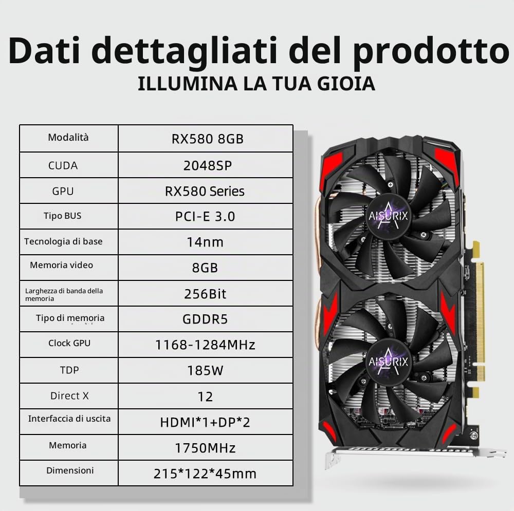Kelinx AISURIX RX 580 Scheda grafica, 2048SP, Real 8GB, GDDR5, 256 bit, scheda video per PC gaming, 2XDP, HDMI, PCI Express 3.0 con fermo ventola per desktop computer Gaming Gpu