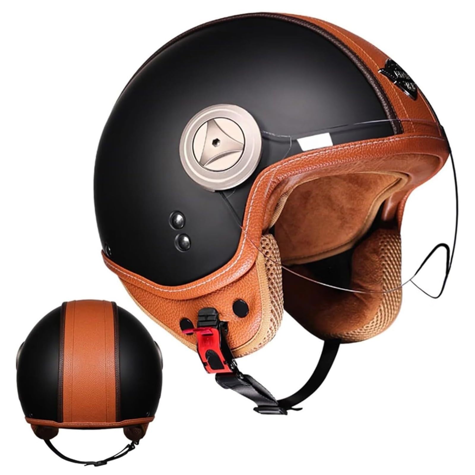 Casco Da Moto Half-helmet A Visiera Solare In Pelle Vera Retro Di Stile 3/4, Jet A Viso Aperto A Stile Tedesco, Certificato DOT/ECE – Per Mopedi Unisex.