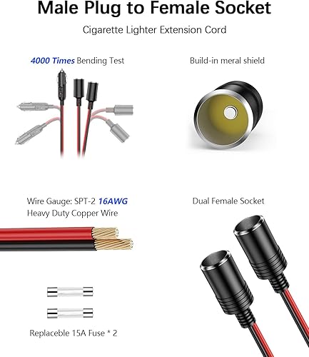 Miniatura 4 de Adaptador divisor de encendedor de cigarrillos para automóvil, 2 enchufes, cable de extensión de salida múltiple de 12 V-24 V, doble enchufe hembra