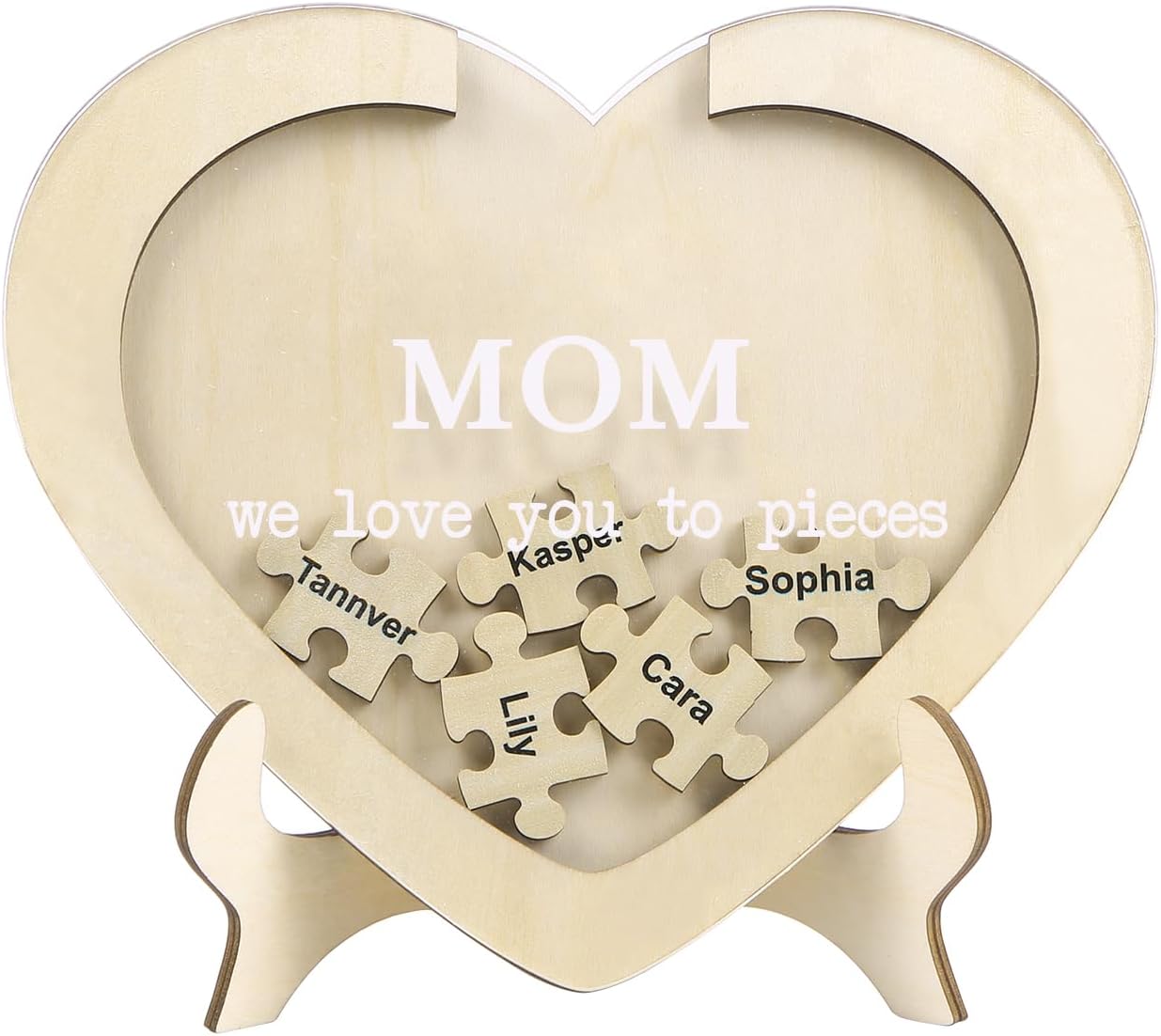Personalized Gifts for Mom Puzzle Piece Sign Custom Wood Plaque Name Gift for Mothers Day Birthday Christmas Gift for Mom from Daughter (Heart, 5 Names)